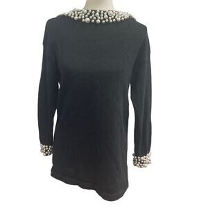 Bimo Womens Small Long Sleeve Deep V Back Sew On Pearl Beads Pullover Sweater